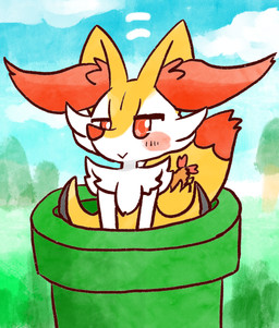 ambiguous_anthro ambiguous_gender anthro biped blush blush_stickers closed_smile cloud detailed_background dipstick_tail food front_view grass looking_at_viewer markings mouth_closed object_in_tail outside plant shrimp_(food) sky smile solo tail tail_markings tree warp_pipe annyui0611 mario_bros nintendo pokemon braixen canid generation_6_pokemon mammal pokemon_(species) 2023 absurd_res digital_drawing_(artwork) digital_media_(artwork) half-length_portrait hi_res japanese_description portrait translated_description