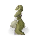 anthro clothed clothing female green_body looking_at_viewer looking_back looking_back_at_viewer simple_background sitting smile solo tail white_background louart alligator alligatorid crocodilian reptile scalie 1:1 2022 absurd_res hi_res