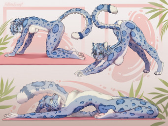 4_toes 5_fingers all_fours anthro arched_back areola ass_up blue_body blue_eyes blue_fur blue_hair blue_spots breasts claws extended_arms eyes_closed feet female female_anthro fingers flexible fur grey_body grey_fur grey_hair hair hanging_breasts leopard_spots looking_at_viewer lying medium_breasts multiple_poses naked_yoga navel nipples nude nude_anthro nude_female on_back pawpads paws pink_areola pink_nipples pose reclining_hero_pose rounded_back simple_background smile solo spots stretching tail toes white_body white_claws white_fur yoga yoga_mat feliciaevans microsoft the_elder_scrolls m'ria_(maks_hunt) felid khajiit mammal pantherine snow_leopard 2025 digital_media_(artwork) hi_res signature