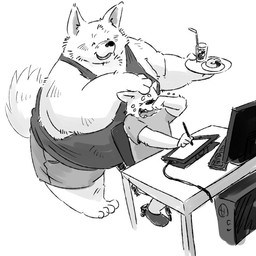 anthro bodily_fluids bottomwear clothing computer crying drawing_(action) duo electronics eyes_closed humanoid_hands kemono male overweight overweight_male shirt shorts sitting tablet tears topwear conoji canid canine canis domestic_dog mammal 1:1 2017 monochrome