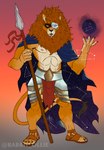 abs anthro armor biceps bottomwear cape claws clothed clothing constellation hair holding_object holding_weapon leo_(constellation) male melee_weapon muscular muscular_anthro muscular_male polearm power shirtless simple_background sky solo spear star tail tail_tuft tuft warrior weapon ollie_rabbit felid lion mammal pantherine absurd_res digital_media_(artwork) hi_res