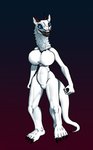 anthro big_breasts big_feet biped black_claws black_lips blue_eyes breasts claws feet female fur glistening horn lips narrowed_eyes nude nullo pupils simple_background slit_pupils smile solo standing tail teeth thick_tail white_body white_skin sweetmeat monster synx hi_res