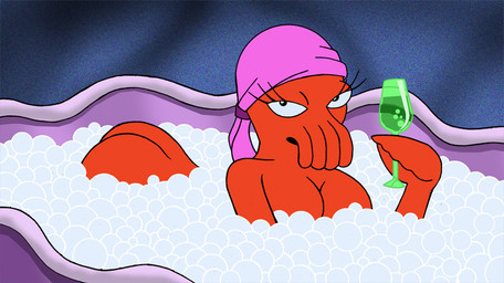 bath breasts bubble butt cleavage clothed clothing container cup drinking_glass durag eyelashes female glass glass_container glass_cup looking_at_viewer non-mammal_breasts on_model open_mouth soap solo wine_glass chadrocco comedy_central futurama edna_(futurama) alien aquatic arthropod crustacean decapodian_(futurama)