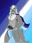 anthro bulge clothing grey_body jockstrap lgbt_pride male pride_colors solo underwear wearing_flag juneauwuff mythology juneau_(juneauwuff) canid canine canis mammal mythological_canine mythological_creature werecanid werecanine werecreature werewolf wolf hi_res