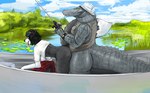 alligator alligatorid anthro anthro_on_anthro anthro_penetrated anthro_penetrating anthro_penetrating_anthro bent_over best big_tail black_hair boat border_collie bottomless bucket_hat canid canine canis clothed clothing collie crocodilian doctordj domestic_dog duo female fishing fishing_rod green_eyes hair herding_dog hi_res interspecies lily_pad male male/female mammal open_mouth pastoral_dog penetration penile penile_penetration penis_in_pussy plant pond reptile sarah_(wheresmysocks) scalie sex sharp_teeth sheepdog tail teeth thick_tail tongue tongue_out topwear vaginal vaginal_penetration vehicle vest water watercraft