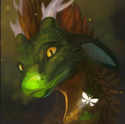 ambiguous_gender antlers duo feral green_body hair horn looking_at_viewer orange_eyes orange_hair scales smile solo_focus antanariva mythology arthropod dragon insect lepidopteran moth mythological_creature mythological_scalie scalie digital_media_(artwork) headshot_portrait hi_res portrait