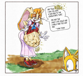 after_vore anthro belly big_belly clothing female female_pred gloves group handwear male overweight speech_bubble text vore young killboo sega sonic_the_hedgehog_(series) miles_prower vanilla_the_rabbit canid canine chao_(sonic) fox lagomorph leporid mammal rabbit 2024 english_text