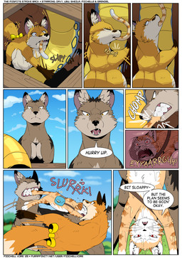 belly blue_sky brown_body brown_fur female feral fur group male orange_body orange_fur outside overweight sky speech_bubble text vore fidchellvore aspen_(fidchellvore) davy_(fidchellvore) michelle_(fidchellvore) canid canine canis domestic_cat felid feline felis fox mammal reptile scalie snake wolf 2025 comic english_text