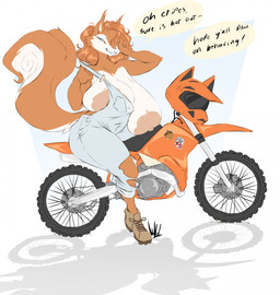 areola armor big_breasts boots breasts brown_body brown_fur clothing dialogue dirt_bike footwear fur hair hair_over_eye half-closed_eyes headgear helmet huge_breasts narrowed_eyes nipples overalls sagging_breasts shoes smile speech_bubble tan_areola tan_body tan_fur tan_nipples text dullvivid chelsey_chestnuts mammal rodent sciurid tree_squirrel english_text hi_res