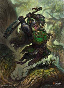 action_pose alternate_species animal_skin anthro armor axe chainmail clothing green_clothing headgear helmet holding_axe holding_object jumping male open_mouth plant pose solo text tree michele_giorgi hasbro magic:_the_gathering wizards_of_the_coast garruk_wildspeaker badger mammal mustelid musteline 2024 digital_media_(artwork) english_text hi_res official_art