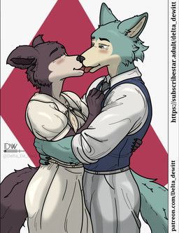 anthro blush bottomwear clothed clothing duo female fur kiss_on_lips kissing male male/female school_uniform simple_background smile tail tongue topwear touching_tongues uniform delta_dewitt beastars juno_(beastars) legoshi_(beastars) canid canine canis mammal wolf 2025 digital_media_(artwork) hi_res