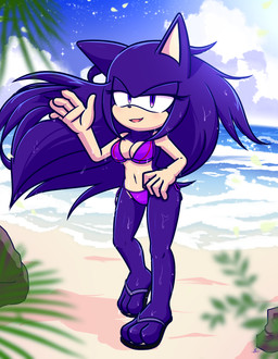 beach big_breasts bikini breasts clothing female footwear fur hair hand_on_hip purple_bikini purple_body purple_clothing purple_eyes purple_fur purple_hair purple_swimwear shoes slippers small_tail solo swimwear tail thick_thighs two-piece_swimsuit wet wet_body wet_hair xxkenthewolfxx sega sonic_the_hedgehog_(series) fan_character eulipotyphlan hedgehog mammal absurd_res hi_res