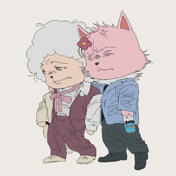 2_horns alcohol anthro beer beverage beverage_can black_bottomwear black_clothing black_eyes black_footwear black_pants black_shoes blue_clothing blue_shirt blue_topwear bottomwear bovid_horn caprine_horn clothing duo eyebrows eyes_closed flower footwear fur hooves horn male necktie pants pink_body pink_fur plant ram_horn red_necktie ribbons shirt suit tail text topwear white_body white_clothing white_fur white_shirt white_topwear wool_(fur) uname9908 amagi_brilliant_park macaron_(amagi_brilliant_park) tirami bovid canid canine canis caprine domestic_dog mammal pomeranian spitz 1:1 2025 digital_media_(artwork)