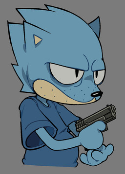 4_fingers anthro belly big_belly blue_body blue_clothing blue_fur blue_shirt blue_t-shirt blue_topwear clothed clothed_anthro clothed_male clothing eye_bags fingers front_view fur furrowed_eyebrows grey_background gun handgun male monotone_background pistol ranged_weapon shirt simple_background solo t-shirt tan_body three-quarter_view topwear weapon bedheadbernie cybershell canid canine canis domestic_dog eulipotyphlan hedgehog hybrid mammal half-length_portrait hi_res portrait