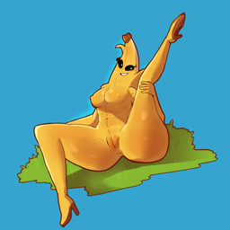 anus black_sclera blue_background crossgender eyelashes female food front_view genitals grass looking_at_viewer mtf_crossgender navel nipple_outline plant raised_leg simple_background smile solo spread_legs spreading thick_thighs vulva white_eyes wide_hips yellow_body rexonance_(artist) epic_games fortnite peely food_creature humanoid 1:1
