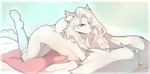 anthro bell blue_eyes breasts clothing female hair legwear long_hair long_tail looking_at_viewer nipples pillow pink_nose side_boob solo stockings tail white_body white_hair hazelkisses sine_(character) domestic_cat felid feline felis mammal