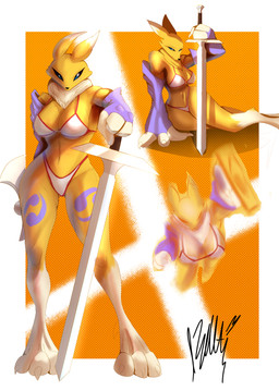 3_fingers anthro armwear bikini black_sclera blue_eyes breasts claws clothed clothing digitigrade female finger_claws fingers fur melee_weapon midriff pose red_bikini red_bikini_bottom red_bikini_top red_clothing red_swimwear skimpy solo swimwear sword two-piece_swimsuit two_tone_bikini two_tone_bikini_bottom two_tone_bikini_top weapon white_bikini white_bikini_bottom white_bikini_top white_clothing white_swimwear yellow_body yellow_breasts yellow_ears yellow_fur beltimerperbus bandai_namco digimon canid canine digimon_(species) mammal renamon absurd_res hi_res