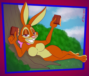 anthro bedroom_eyes bow_ribbon breasts brown_body brown_eyes brown_fur buckteeth candy caramel_(food) casual_nudity chocolate chocolate_bar dessert featureless_breasts featureless_crotch female food fur grass half-closed_eyes lying mascot multicolored_body multicolored_fur narrowed_eyes nude on_side pink_nose plant seductive shrub smug solo teeth tree two_tone_body two_tone_fur gavanzude cadbury cadbury_bunny lagomorph leporid mammal rabbit alternate_version_at_paywall digital_drawing_(artwork) digital_media_(artwork) hi_res signature