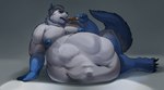 anthro belly big_belly blue_body blue_eyes blue_fur ear_piercing face_imprint fur huge_belly imminent_vore immobile imprint industrial_piercing male morbidly_obese nipple_piercing nipples obese overweight overweight_male piercing solo vore white_body white_fur cobaltgrande snow_fang canid canine canis domestic_dog husky mammal nordic_sled_dog spitz hi_res