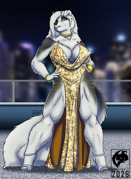 5_fingers 5_toes anthro athletic athletic_anthro athletic_female big_breasts black_nose breasts claws cleavage clothed clothed_anthro clothed_female clothing curvy_figure dress feet female finger_claws fingers fluffy fluffy_tail footwear front_view fur grey_body grey_fur hair hand_on_hip hand_on_own_hip high_heeled_sandals high_heels hourglass_figure humanoid_feet humanoid_hands looking_at_viewer mature_anthro mature_female multicolored_body multicolored_fur plantigrade ruff sandals shoes solo standing tail tall text thick_thighs toe_claws toes two_tone_body two_tone_fur white_body white_fur white_hair wide_hips ghostwolf jennifer_lobo canid canine canis domestic_dog great_pyrenees hybrid livestock_guardian_dog mammal molosser mountain_dog pastoral_dog wolf wolfdog 2026 digital_media_(artwork)