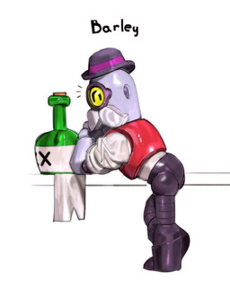 1_eye bottle clothed clothing container facial_hair glistening glistening_body hat headgear headwear machine male mustache not_furry shirt solo toony topwear kogito brawl_stars supercell_(company) barley_(brawl_stars) cyclops humanoid robot hi_res