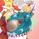 1:1 2023 ageplay ambiguous_gender anthro big_breasts big_diaper breasts bursting_out_of_clothing caretaker chocomintshake clothing colored delphox dialogue diaper digital_media_(artwork) duo english_text fart feces female female/ambiguous generation_5_pokemon generation_6_pokemon hi_res huge_breasts hyper_soiling implied_hypnosis infantilism level_drain magic nintendo onesie onomatopoeia pokemon pokemon_(species) regression roleplay scat scatplay scraggy shaded sleeper soiling sound_effects speech_bubble stained_diaper stink_lines text