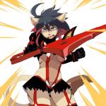 alternate_species anthro black_hair blue_eyes bottomwear breasts clothed clothing cosplay female fur furrification hair holding_object holding_weapon multicolored_hair red_hair skimpy skirt solo under_boob weapon shebeast kill_la_kill studio_trigger ryuko_matoi senketsu felid kamui_(kill_la_kill) mammal 1:1 2019 hi_res