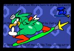 anthro beak big_butt blue_body boots butt clothing duo eyewear eyewear_on_head feathers footwear gesture goggles goggles_on_head green_body green_feathers hand_gesture hoverboard looking_at_viewer male middle_finger shoes stick_arms text thick_thighs superiorfox sega sonic_riders sonic_the_hedgehog_(series) jet_the_hawk sonic_the_hedgehog accipitrid accipitriform avian bird eulipotyphlan hedgehog mammal comic_sans digital_media_(artwork) english_text