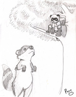 ambiguous_feral ambiguous_gender anthro bottomwear clothed clothing duo facial_markings feral gloves_(marking) head_markings in_tree leg_markings male markings mask_(marking) mouth_closed outside plant shorts socks_(marking) striped_markings striped_tail stripes tail tail_markings topless tree young young_anthro young_male pandapaco art_(pandapaco) mammal procyonid raccoon hi_res monochrome sketch