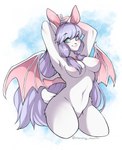 anthro bat_wings breasts featureless_crotch female green_eyes hair hands_behind_head long_hair looking_at_viewer membrane_(anatomy) membranous_wings nipples nude pink_nipples purple_hair short_tail smile solo tail wings mocha-wing bat mammal hi_res