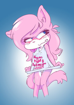 4_fingers anthro big_hair big_head blue_body blue_fur blush blush_lines bottomless bottomless_anthro bottomless_female clothed clothing embarrased_female embarrassed eyelashes fangs female fingers fur genitals hair looking_away multicolored_body multicolored_fur nipple_outline partially_clothed_anthro partially_clothed_female pink_body pink_fur pink_hair pink_nose pose shirt solo t-shirt teeth text topwear vulva white_legs white_mouth scott_ramsoomair vglewds vg_cats aeris_(vg_cats) domestic_cat felid feline felis mammal absurd_res english_text hi_res pinup