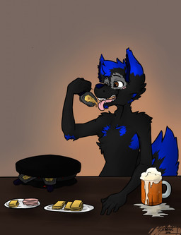 alcohol anthro beer beverage feeding food food_fetish male open_mouth solo chabin miigarou canid canine canis mammal wolf digital_media_(artwork) hi_res