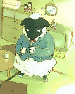 anthro black_body bodily_fluids bow_tie clothing cloven_hooves coffee_table collared_shirt drawer dress_shirt electronics furniture hooves jacket male male_anthro pillow shirt sweat sweatdrop table television topwear white_body kunugi bovid caprine mammal sheep 4:5