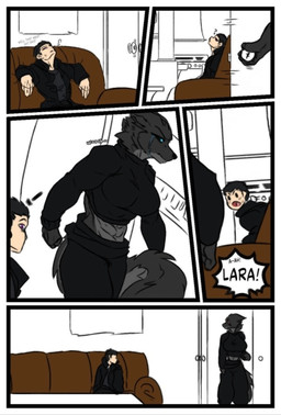 anthro big_breasts black_sclera blue_eyes bodily_fluids breasts clothed clothing crying dialogue duo facial_scar female female_anthro fur hair male male/female male_human muscular muscular_anthro muscular_female question_mark scar simple_background tail tears text usershaden-07reads a_man_in_a_beasts_world chris_(ghilliecamo) lara_shepard_(ghilliecamo) canid canine canis human mammal wolf comic english_text hi_res