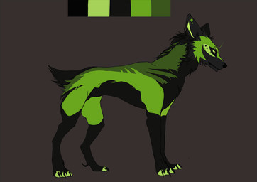 black_ears black_nose black_tail color_swatch dark_body dark_fur feral fur green_body green_eyes green_fur green_inner_ear green_sclera leg_markings male markings scut_tail short_tail side_view socks_(marking) solo tail akrolayn canid canine mammal 2015 flat_colors full-length_portrait model_sheet portrait unavailable_at_source