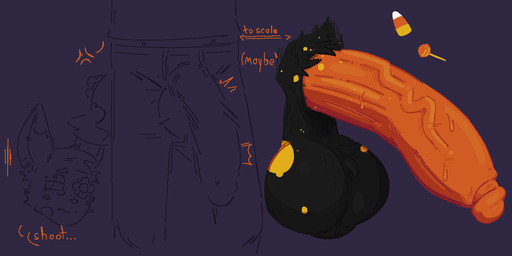 anthro balls big_balls big_penis bodily_fluids bulge candy candy_corn dessert detailed_bulge food genital_outline genitals huge_balls huge_penis humanoid_genitalia humanoid_penis lollipop male orange_penis penis penis_outline saggy_balls small_tip solo sweat ephemeralscourg bat mammal gynomorph_(lore)