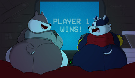 anthro big_butt black_nose blue_eyes butt controller duo electronics eyes_closed game_controller gaming male open_mouth overweight overweight_male playing_video_game sitting surprised television chonkymouse bradley_the_badger_(game) cartoon_network mao_mao:_heroes_of_pure_heart badgerclops bradley_(bradley_the_badger) badger mammal mustelid musteline 2026 hi_res