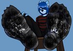 5_toes anthro black_nose black_pawpads blue_body blue_fur blue_hair body_outline chair claws clothing dirty dirty_clothing dirty_feet dirty_socks duo emo_haircut feet female foot_fetish foot_focus foot_on_face footwear fur furniture hair hair_over_eye hindpaw humanoid_feet larger_male looking_at_viewer male male/female mostly_clothed on_chair one_eye_obstructed pawpads paws plantigrade raised_foot simple_background sitting sitting_on_chair size_difference smaller_female smile smug socks soles squish toe_claws toes trapped_in_clothing trapped_in_footwear trapped_in_sock ifuritto azura_(aimpunch) sam_(ifuritto) canid canine mammal hi_res