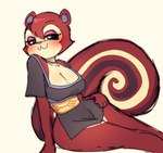 :3 anthro bangs big_breasts blush breasts cleavage clothed clothing curvy_figure dress female hourglass_figure long_bangs looking_at_viewer makeup simple_background sitting small_waist smug voluptuous white_background wide_hips unknown_artist animal_crossing nintendo pecan_(animal_crossing) mammal rodent sciurid tree_squirrel colored