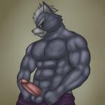 abs anthro balls biceps big_muscles biped blue_body blue_fur bottomwear bottomwear_down brown_background clothed clothing erection fur genitals grey_body grey_fur humanoid_genitalia humanoid_penis male multicolored_body multicolored_fur muscular muscular_anthro muscular_male pants pants_down partially_clothed pecs penis simple_background smile smirk solo standing topless two_tone_body two_tone_fur thevillager nintendo star_fox wolf_o'donnell canid canine canis mammal wolf 1:1