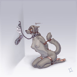 4_toes angry anthro barefoot bdsm belt_bondage bondage bound breasts chain chain_leash chained clothing collar collar_only cuff_(restraint) feet female footwear fur hair hands_behind_back kneeling leash leather leather_cuffs lock metal_collar muzzle_(object) muzzled nipples nude pawpads paws punishment restrained restraints rope shackles shoes simple_background slippers soles solo submissive submissive_anthro submissive_female tail tail_bondage tail_tied toes quotermain mara_(quotermain) canid canine canis mammal wolf 1:1 2021 hi_res
