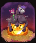 anthro anus balls big_butt bodily_fluids butt butt_focus feet food fruit genitals green_eyes grin hair holidays jack-o'-lantern looking_back magic male plant potion pumpkin purple_hair sharp_teeth smile solo sweat teeth malafox halloween mala_(malafox) bear giant_panda mammal hi_res