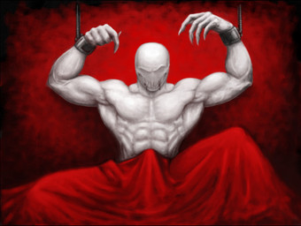 abs bald bdsm bed bed_sheet bedding biceps bound bulge chain chained cuff_(restraint) detailed_bulge erection evil_grin eyeless faceless featureless_chest front_view furniture genital_outline hairless handcuffs male metal_cuffs muscular muscular_male not_furry nude on_bed pecs penis_outline restraints shackles sitting smile solo spread_legs spreading tall teasing tenting trollpasta under_covers white_body white_skin sex_offenderman monster black_and_white_and_red red_theme