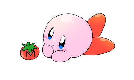 ambiguous_gender berry black_eyes blush food fruit looking_at_object lying on_front pink_body plant simple_background smile solo yakiniku628 kirby_(series) nintendo kirby colored