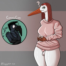 anthro ball_slip balls beak beverage big_breasts black_beak black_body black_clothing black_hair black_shirt black_tank_top black_topwear blue_eyes bottomless breasts clothed clothing coffee coffee_mug cutaway duo embarrassed eyelashes eyewear feathers female genitals glans glasses green_eyes gynomorph hair holding_object intersex long_hair nipple_outline non-mammal_breasts oblivious onomatopoeia orange_beak penis penis_poking_out pink_clothing pink_glans pink_penis pink_sweater pink_topwear red_hair saggy_balls shirt short_hair simple_background sound_effects steam sweater sweater_only tank_top text topwear topwear_only uneven_balls wardrobe_malfunction white_balls white_body cayugo connie_(cayugo) stephanie_(cayugo) avian bird corvid corvus_(genus) crow oscine passerine stork 1:1 2025 absurd_res digital_drawing_(artwork) digital_media_(artwork) english_text hi_res shaded signature