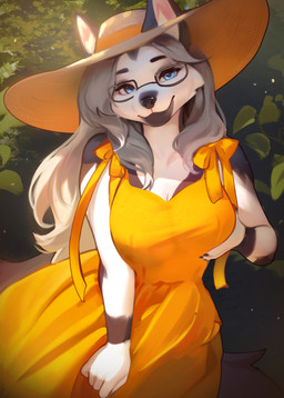 anthro biped blue_eyes breasts claws clothed clothed_anthro clothed_female clothing dress eyewear female fingers front_view fur glasses grey_body grey_fur hair hand_on_breast hand_on_own_breast hat headgear headwear holding_breast looking_at_viewer smile solo sun_hat sundress tail white_body white_fur white_hair wolf_ears wolf_tail hackainax miliam_(genemon) canid canine canis mammal wolf 2026 absurd_res digital_drawing_(artwork) digital_media_(artwork) hi_res