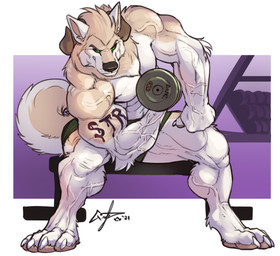 abs anthro biceps big_feet big_muscles biped black_sclera digitigrade dumbbell exercise feet fur green_eyes horn male muscular muscular_anthro muscular_male solo tan_body tan_fur thick_thighs vein veiny_muscles weightlifting weights white_body white_fur workout nightterror vann_(felwinn) canid canine canis domestic_dog husky mammal nordic_sled_dog spitz absurd_res hi_res