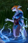 5_fingers anthro breasts butt clothed clothing detailed_background female fingers green_eyes grey_body grey_skin hair magic non-mammal_breasts red_hair solo water imbolc abysse_renard_blanc_(ryltar) chloe_culson_(ryltar) fish marine shark 2020 digital_media_(artwork) hi_res