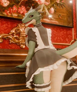 anthro clothed clothing female maid_uniform open_mouth smile solo standing tail uniform konghuayingluo blacklya_(modeler) bethesda_game_studios microsoft the_elder_scrolls argonian humanoid lizard reptile scalie 3d_(artwork) 5:6 digital_media_(artwork) hi_res