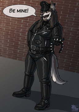 black_leather boots brick brick_background clothing collar facial_hair footwear gloves hair handwear hat headgear headwear heterochromia inviting_viewer jacket leather leather_clothing leather_daddy leather_jacket leather_topwear long_hair looking_at_viewer male offering_collar shoes solo spiked_collar spikes standing tail text topwear torrosketch calhoun_(subowofer) canid canine canis humanoid mammal wolf hi_res